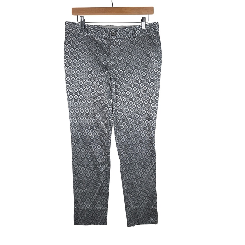 Banana Republic Camden Brocade Pant Womens Size 6 Stretch Silver Geometric Print